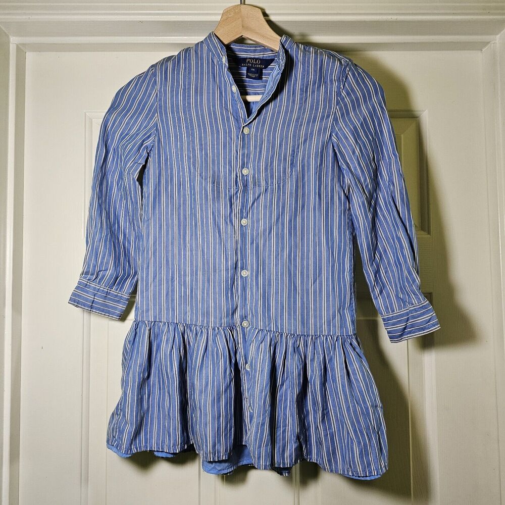 Polo Ralph Lauren Girls Drop Waist Shirt Dress Blue White Lyocell 6X